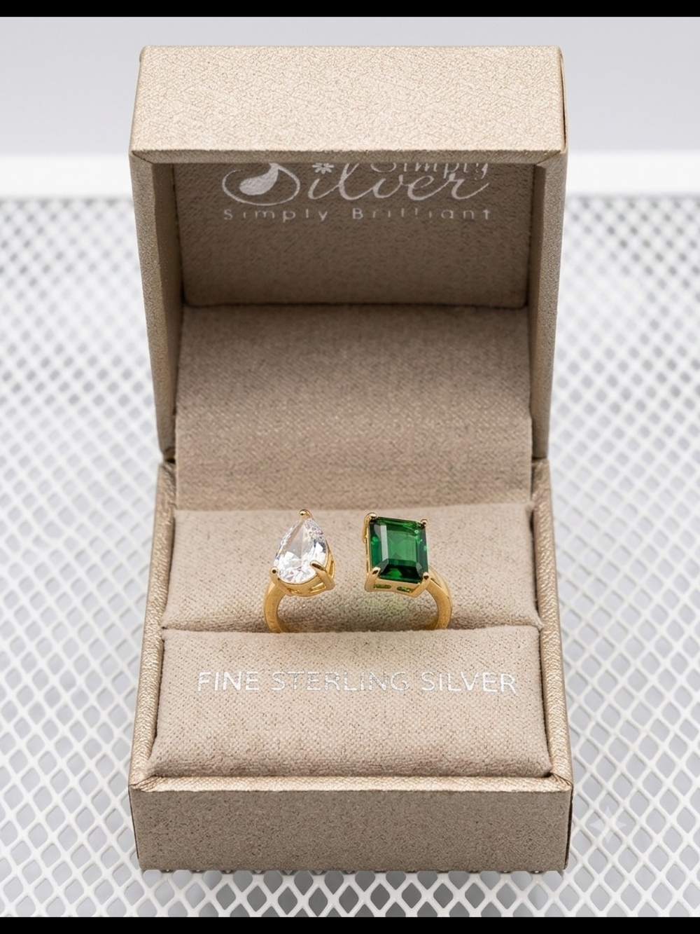 Simply Silver .925 Sterling Silver 14K Gold Plated Emerald & Clear CZ